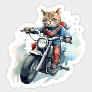 Tabby Cat, Motorcycle, Watercolor Sticker